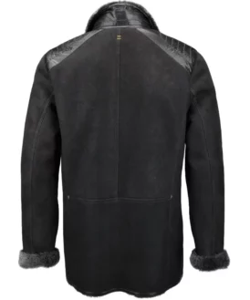 Mens Sheepskin All Black Leather Faux Fur Jacket Back