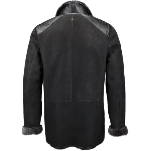 Mens Sheepskin All Black Leather Faux Fur Jacket Back