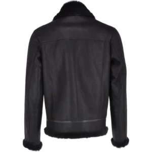 Mens Steel Black Leather Shearling Aviator Jacket Back