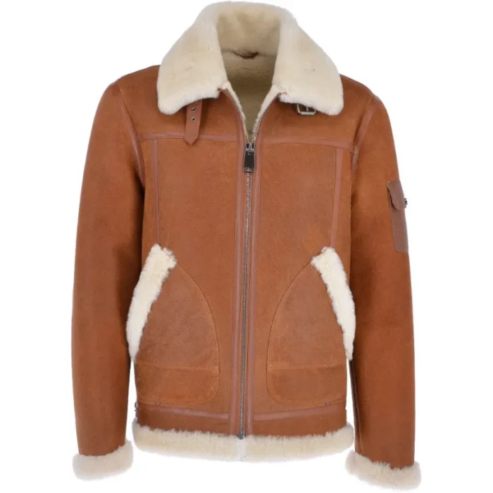 Mens Tan B3 Shearling Fur Leather Bomber Jacket