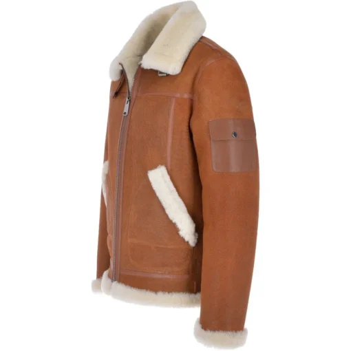Mens Tan B3 Shearling Fur Leather Bomber Jacket Left