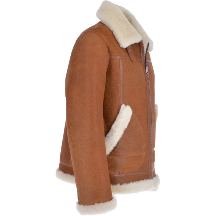 Mens Tan B3 Shearling Fur Leather Bomber Jacket Right