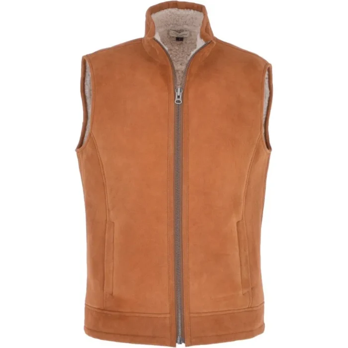 Mens Tan Brown Suede Leather Shearling Gilet Vest