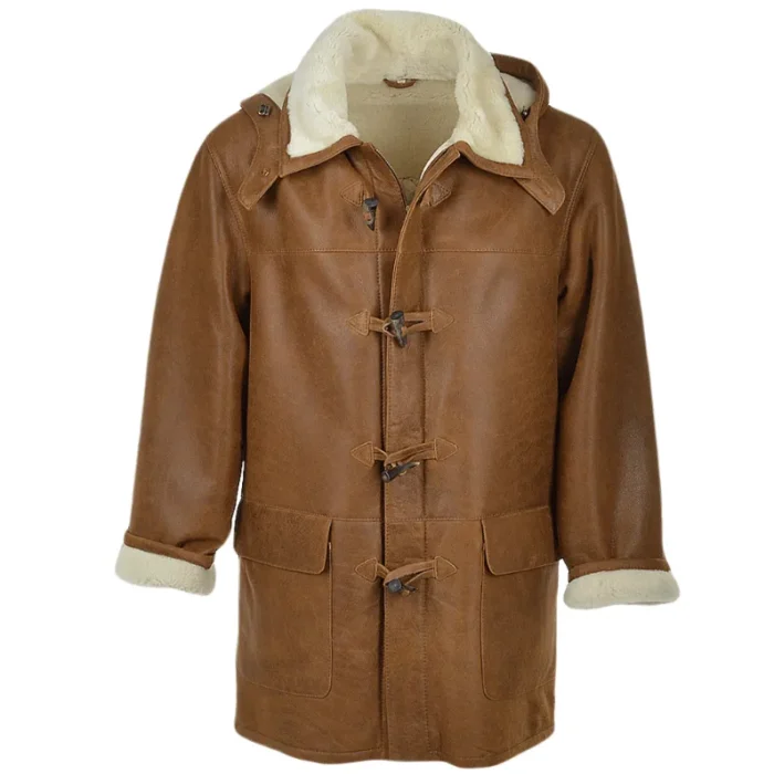 Mens Tan Duffle Leather Coat With Hood