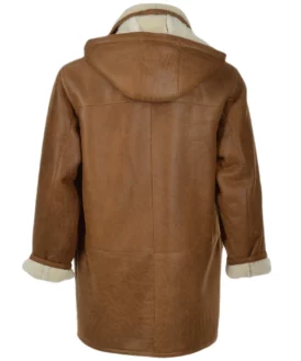 Mens Tan Duffle Leather Coat With Hood Back