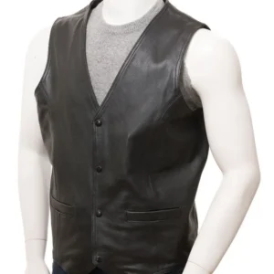 Mens-V-Neck-Style-Genuine-Leather-Black-Vest