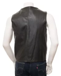 Mens V Neck Style Genuine Leather Black Vest Back