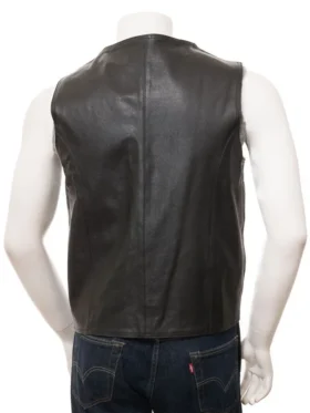 Mens V Neck Style Genuine Leather Black Vest Back