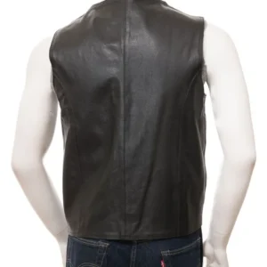 Mens V Neck Style Genuine Leather Black Vest Back