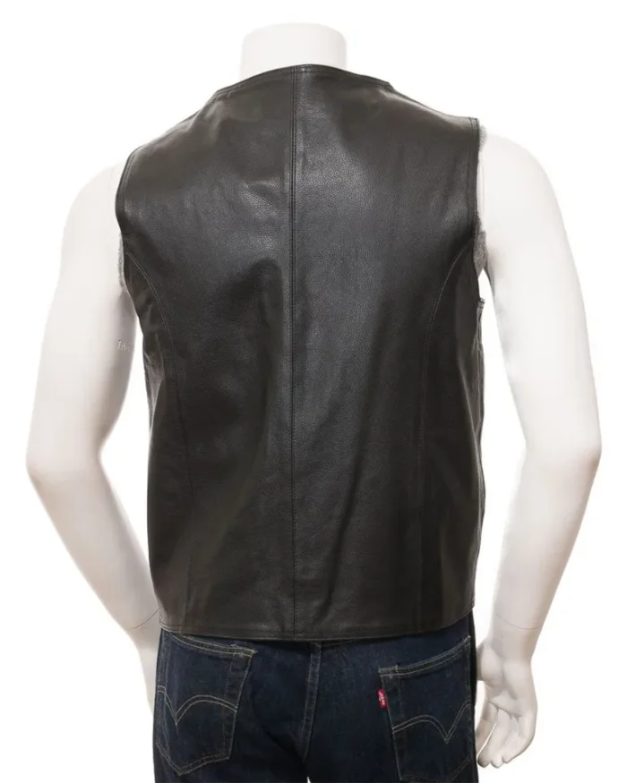 Mens V Neck Style Genuine Leather Black Vest Back