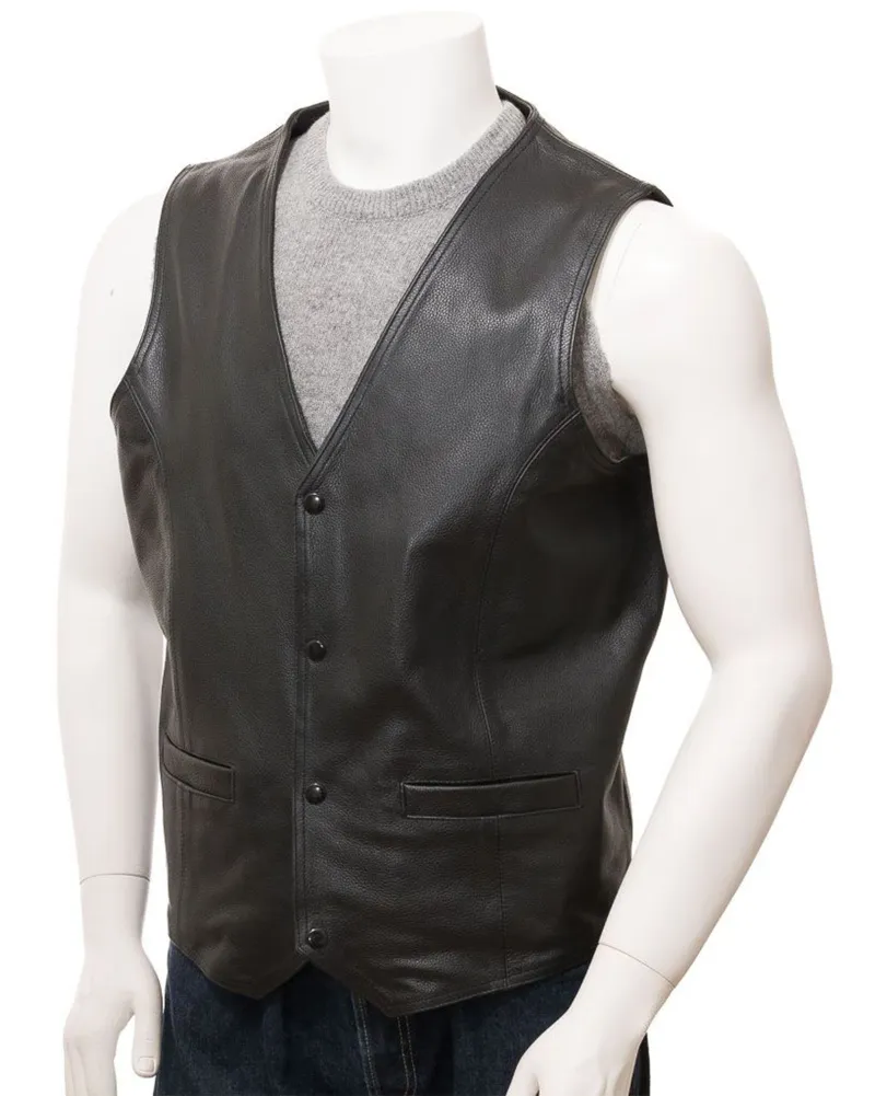 Mens V Neck Style Genuine Leather Black Vest