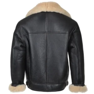 Mens White Shearling Asymmetrical Black Leather Jacket Back