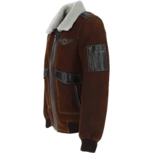 Mens White Sherpa Brown Suede G 1 Bomber Jacket Left