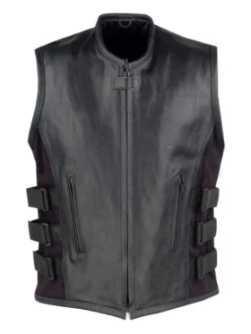 Mens Whole Black Side Belts Leather Vest