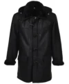 Mid Length Black Leather Hooded Duffle Coat