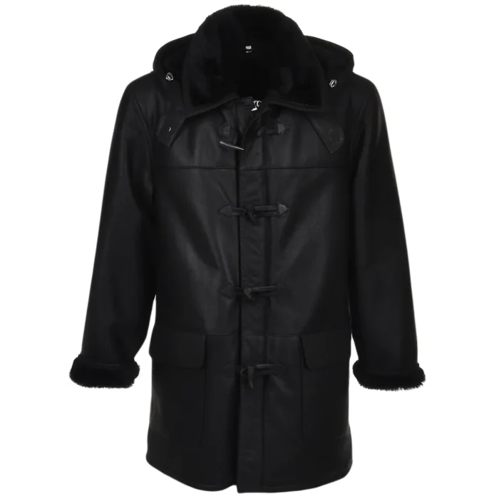 Mid Length Black Leather Hooded Duffle Coat
