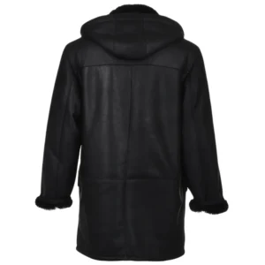 Mid-Length-Black-Leather-Hooded-Duffle-Coat-Back