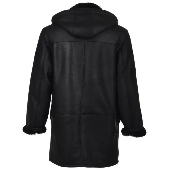 Mid Length Black Leather Hooded Duffle Coat Back