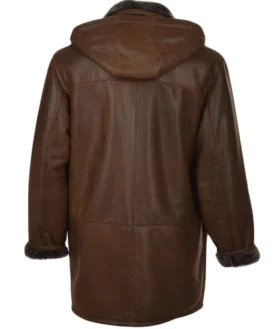 Mid Length Brown Leather Hooded Duffle Coat Back