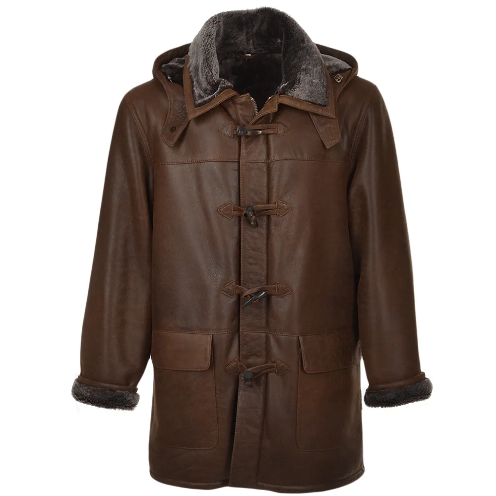Mid Length Brown Leather Hooded Duffle Coat