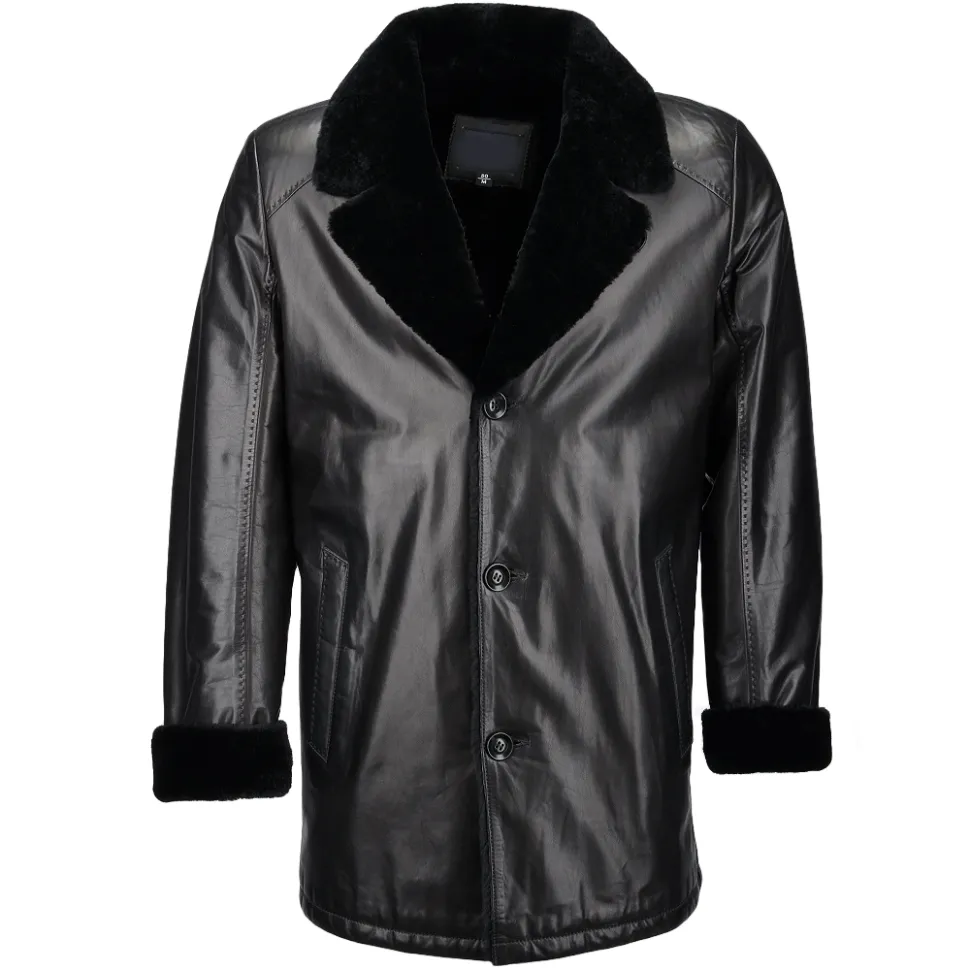 Notch Collar Fur Lined All Black Leather Coat Image