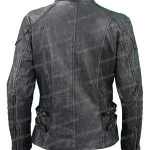 Women Black Zip Up Quilted Leather Jacket back
