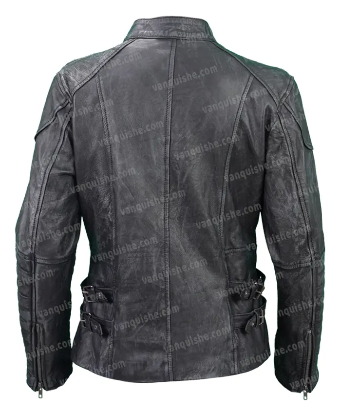 Women Black Zip Up Quilted Leather Jacket back