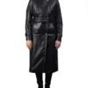 Women Long Leather Belted Hooded Coat