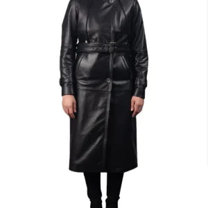 Women Long Leather Belted Hooded Coat