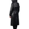 Women Long Leather Belted Hooded Coat Back
