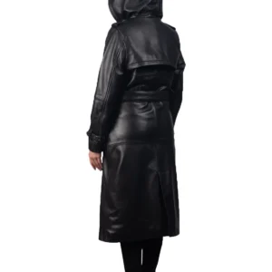 Women Long Leather Belted Hooded Coat Back