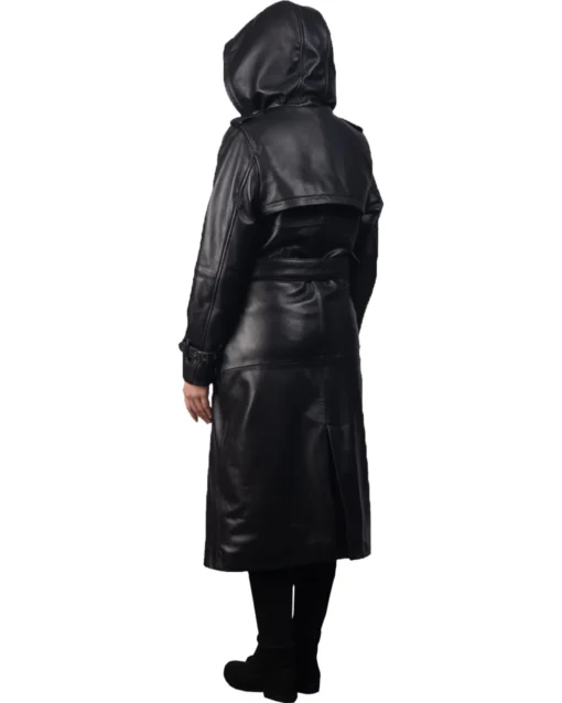 Women Long Leather Belted Hooded Coat Back