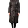 Women Long Leather Belted Hooded Coat Brown