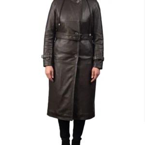 Women-Long-Leather-Belted-Hooded-Coat-Brown