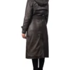 Women Long Leather Belted Hooded Coat Brown Back