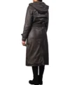 Women Long Leather Belted Hooded Coat Brown Back