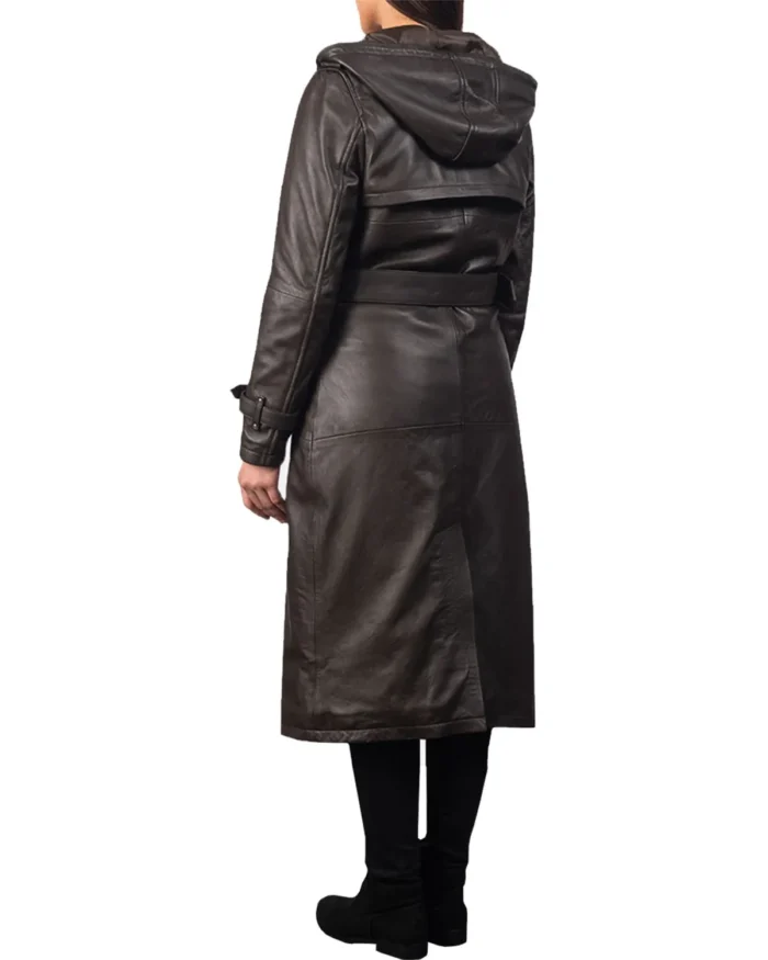 Women Long Leather Belted Hooded Coat Brown Back