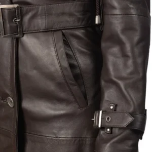 Women Long Leather Belted Hooded Coat Cuffs