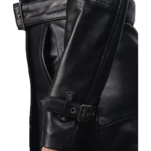 Women Long Leather Belted Hooded Coat Side