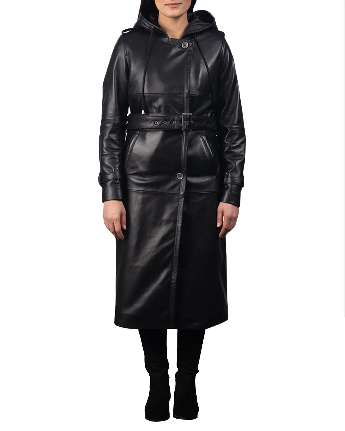 Women Long Leather Belted Hooded Coat