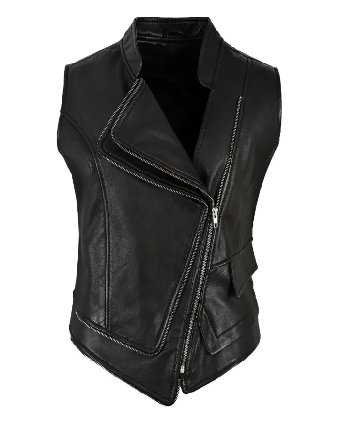 Women Punk Asymmetrical Zipper Black Leather Vest