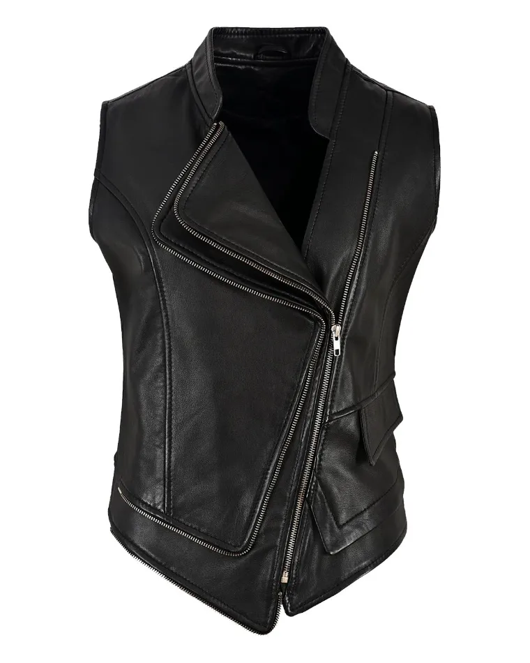 Women Punk Asymmetrical Zipper Black Leather Vest