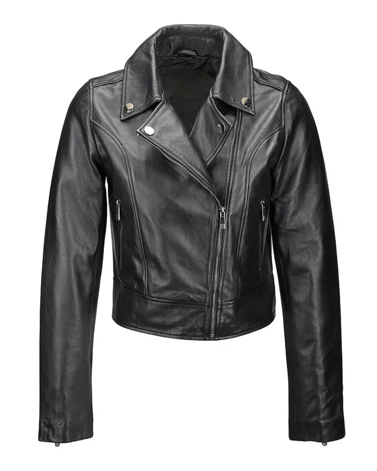 Womens Asymmetrical Zipper Leather Jacket Black