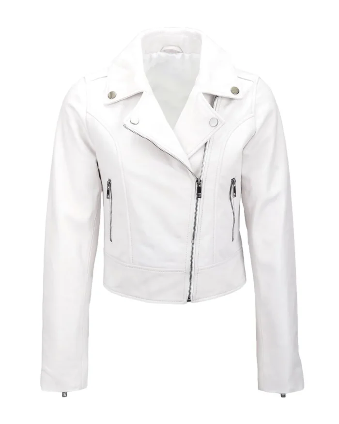 Womens Asymmetrical Zipper Leather Jacket White