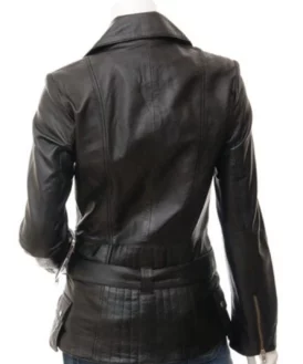 Womens Belted Asymmetrical Zipper Leather Jacket Back