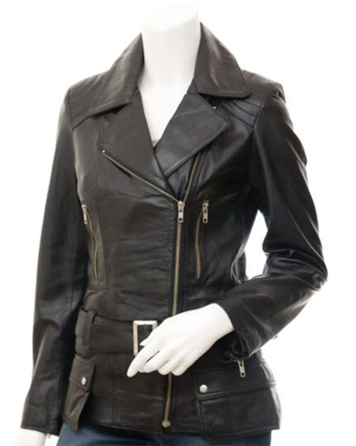 Womens Belted Asymmetrical Zipper Leather Jacket