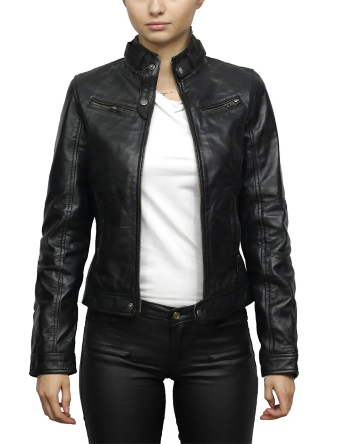 Womens Belted Collar Slim Fit Black Leather Jacket