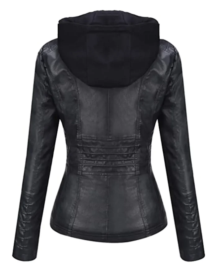 Womens Black Slim Fit Jacket With Removable Hood Back