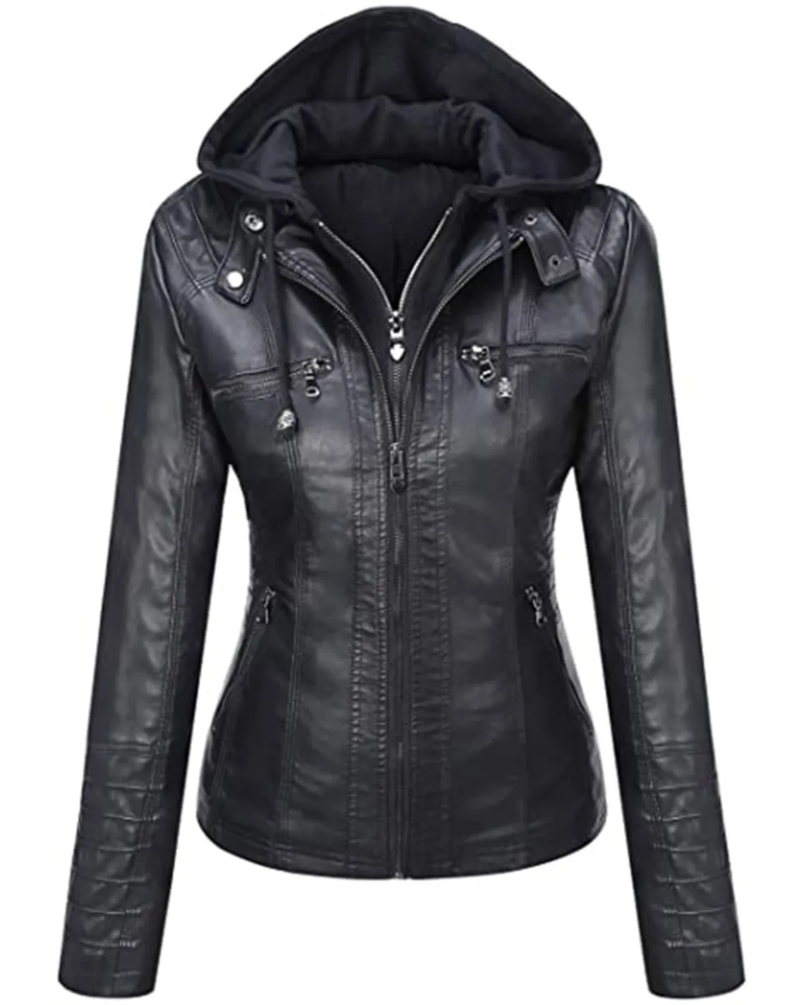 Womens Black Slim Fit Jacket With Removable Hood