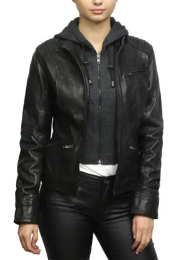 Womens Black and Brown Slim Fit Leather Jacket With Hoodie